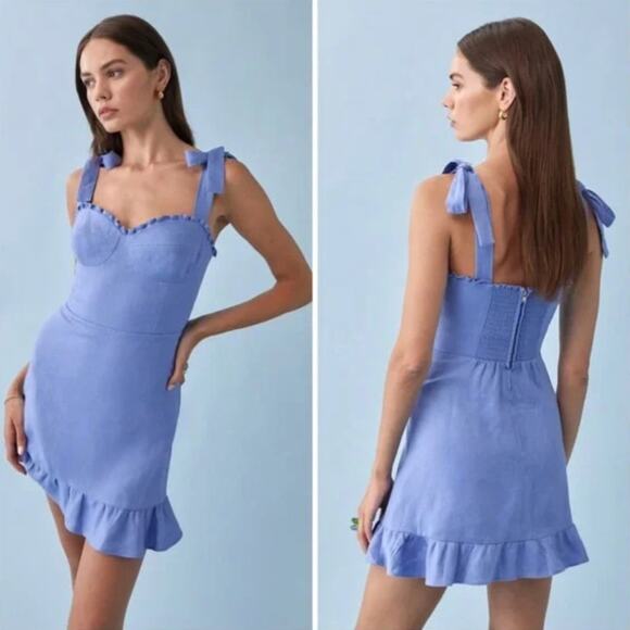 REFORMATION Desiree Linen Dress Dusk Blue {3L12} - Picture 2 of 6